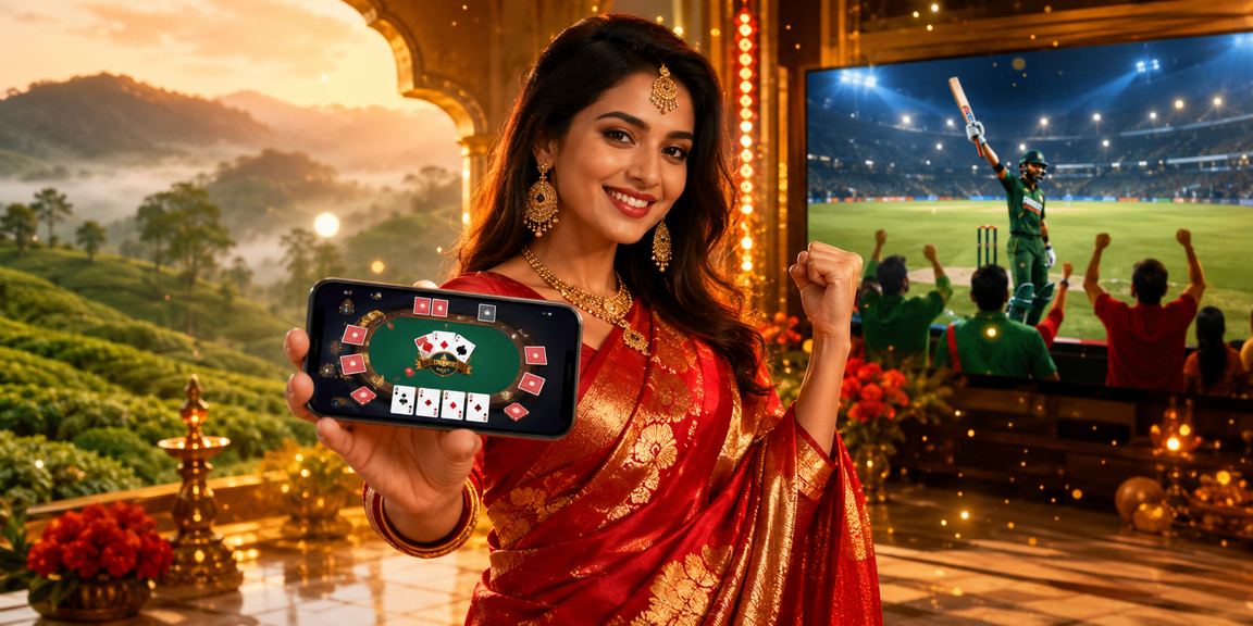 সিলেটে শাড়ি পরা একজন নারী মোবাইলে ক্রিকেট বেটিং উপভোগ করছেন